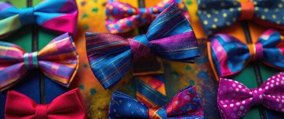 Vibrant collection of colorful bow ties displayed on a bright background showcasing unique patterns and styles for fashion enthusiasts