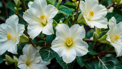 Wall Mural - Closeup of Mandevilla flowers featuring white petals with yellow centers, ideal for floral design or nature-themed projects.