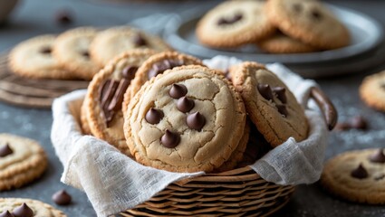 Canvas Print - Delicious assortment of homemade cookies in a rustic basket with chocolate chips on a textured surface inviting for a sweet treat.