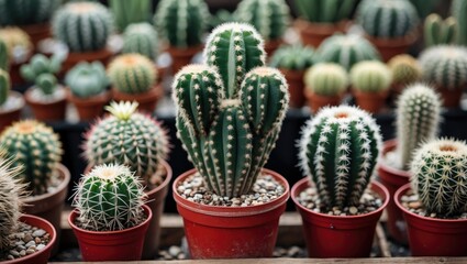 Wall Mural - Cactus Variety in Red Pots Displayed at a Plant Nursery Showcasing Different Species and Textures of Succulents for Gardening Enthusiasts