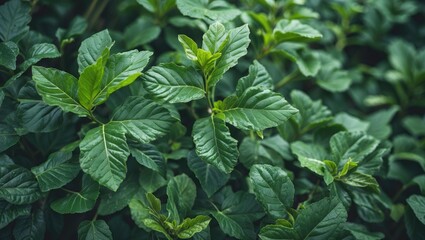 Wall Mural - Lush Green Leaves Close-Up in a Garden with Ample Copy Space for Text or Branding Elements