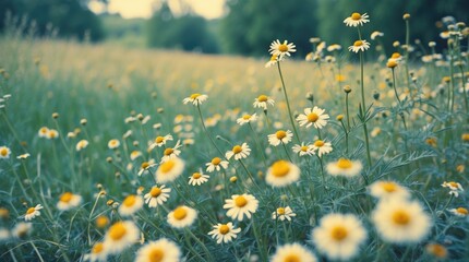 Wall Mural - Meadow Chamomile Flowers in Bloom with Soft Focus and Green Background in Nature's Scenic Landscape