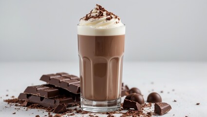 Poster - Delicious Chocolate Milkshake with Whipped Cream and Chocolate Shavings on White Background for Dessert or Beverage Promotion