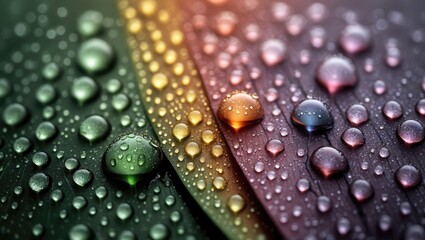 Wall Mural - colorful dew drops glistening on leaf surfaces showcasing nature's beauty in vibrant hues and delica