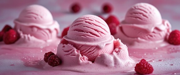 Poster - Delicious Creamy Pink Ice Cream Scoops Surrounded by Fresh Raspberries on a Vibrant Pink Background with Space for Your Text