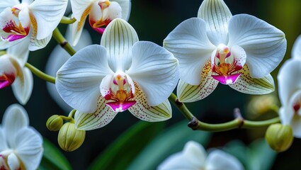 Wall Mural - Delicate Closeup of Stunning White Orchid Blooms with Vibrant Pink Highlights and Lush Green Background in Botanical Garden Setting