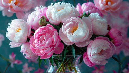 Wall Mural - Bouquet of pink and white peonies in a glass vase against a vibrant background showcasing floral beauty and elegance