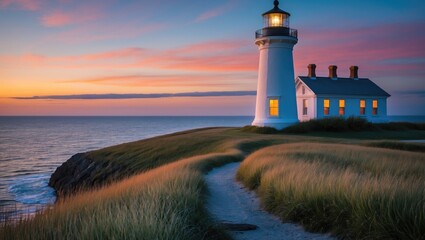 Wall Mural - bodie island lighthouse at dusk illuminated by sunset colors overlooking calm ocean waters