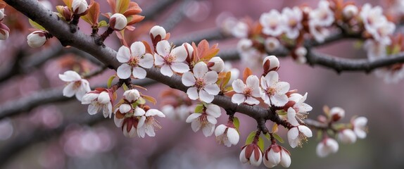 Wall Mural - Delicate Close-Up of Chestnut Blossom Branch with Soft Pink Petals and Fresh Green Leaves Set Against a Blurred Background