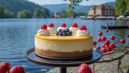 Poster - Cheesecake with berries served lakeside in a picturesque cafe setting surrounded by nature and vibrant outdoor scenery.