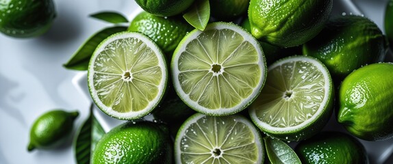 Wall Mural - Fresh and Juicy Green Limes with Slices on a Plate Garnished with Leaves in Natural Light