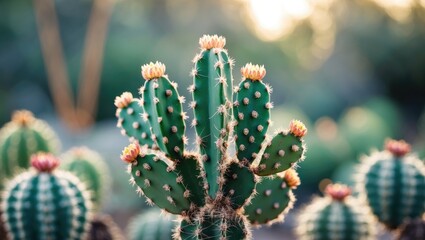 Wall Mural - Vibrant closeup of cacti with blurred background showcasing detailed textures and bright flower tips ideal for botanical themes and designs