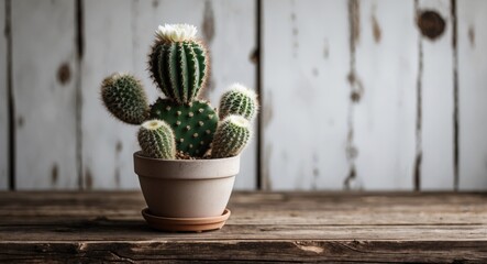 Wall Mural - Decorative Cactus Plant in Pot on Rustic Wooden Table with Neutral Background