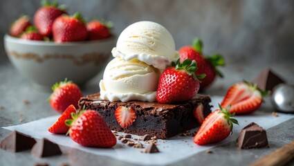 Canvas Print - Decadent chocolate brownie topped with vanilla ice cream and fresh strawberries on a rustic table setting. Perfect for dessert lovers.