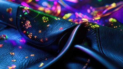 Wall Mural - Vivid closeup of textured black leather with colorful reflections and sparkles creating a dynamic visual effect on the surface