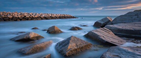 Wall Mural - tranquil seascape with long exposure of breakwater rocks and gentle waves at dusk