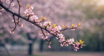 Wall Mural - blossoming cherry tree branch with soft focus background and space for text overlay in a serene natu