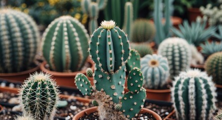 Wall Mural - Vibrant assortment of cacti in a garden setting showcasing diverse shapes and textures with a blurred background of plants.