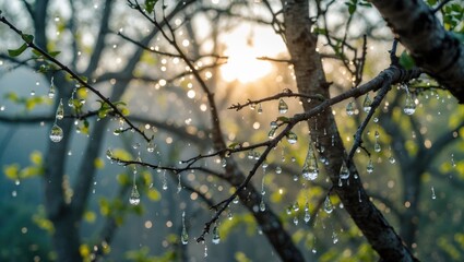 Wall Mural - Morning Sunlight Illuminating Water Droplets on Tree Branches with a Soft Bokeh Background and Space for Text or Graphics