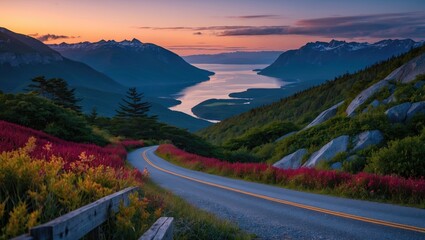 Wall Mural - scenic view of cabot trail in dusk light with vibrant wildflowers and serene mountain landscape refl