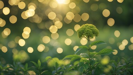 Wall Mural - bokeh effect of golden sunlight illuminating vibrant green foliage with a blossoming flower in a tra