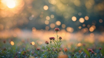 Wall Mural - soft focus floral bokeh background with warm sunlight creating a dreamy atmosphere in nature scenery