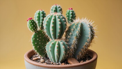 Wall Mural - Vibrant Close Up of Varied Cacti in a Pot Against a Bright Yellow Background with Space for Text or Branding