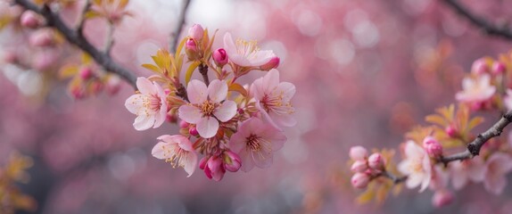 Wall Mural - Close Up of Vibrant Pink Cherry Blossoms with Soft Focus Background and Space for Text Overlay