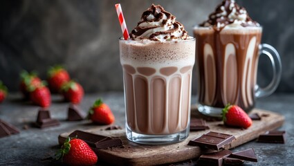 Poster - Indulgent chocolate milkshake topped with whipped cream and chocolate drizzle, garnished with fresh strawberries and chocolate pieces.