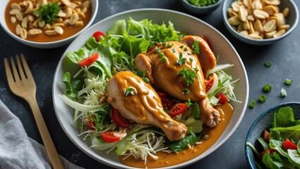 Wall Mural - Delicious Chicken Thighs with Creamy Peanut Sauce Served on Fresh Salad Ideal for Healthy Lunch Options with Space for Text