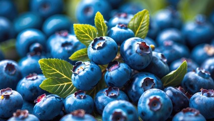 Wall Mural - Fresh Blueberries with Green Leaves in a Vibrant Close-Up Macro Shot Capturing Their Juicy Texture and Lush Colorful Detail