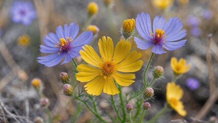 Poster - Vibrant Close Up of Yellow and Purple Wildflowers Against a Soft Natural Background