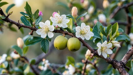 Wall Mural - Branch With Blossoming Flowers And Green Fruit In Natural Setting Perfect For Spring Themes And Organic Growth Concepts