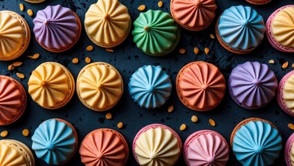 Canvas Print - Colorful assortment of classic French macarons arranged on a black concrete background with scattered seeds for a vibrant pastry display.