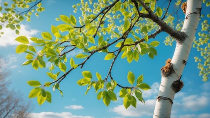 fresh green birch tree leaves emerging in spring against a clear blue sky showcasing nature's renewa