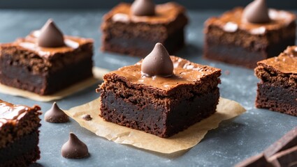 Canvas Print - Decadent Chocolate Brownies with Toppings and Copy Space for Text in a Gourmet Presentation