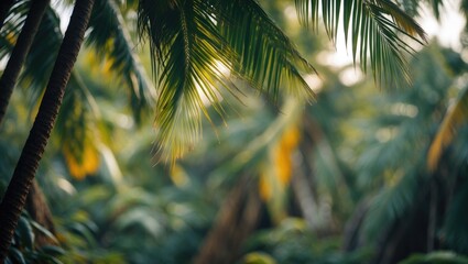 Wall Mural - blurred palm leaves creating a serene organic background for nature-themed designs and ecological pr