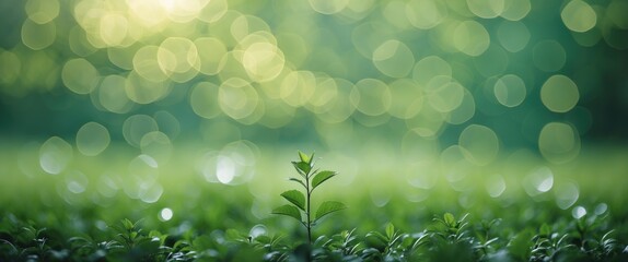 Wall Mural - serene blurred green bokeh background featuring growing plant with space for text overlay