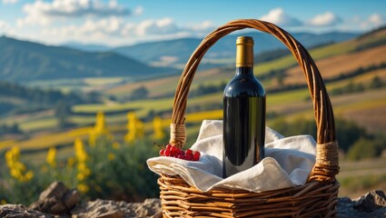 Wine Bottle in Basket Set Against Scenic Rural Landscape with Lush Green Hills and Vibrant Flowers Under a Bright Blue Sky