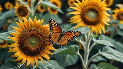 Wall Mural - Monarch Butterfly On Vibrant Sunflower With Clear Space For Text And Design Elements In Natural Setting