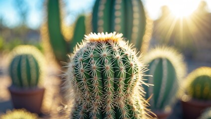 Wall Mural - Close Up of Spiky Cactus with Soft Focus Background and Sunlit Glow in Desert Landscape