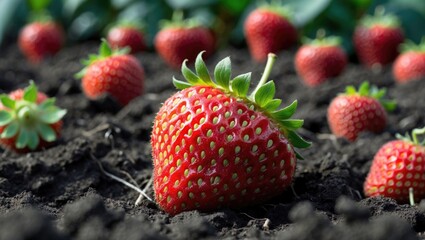 Wall Mural - Fresh Juicy Strawberry on Soil with Green Leaves Background and Space for Text in Agricultural Setting. Perfect for Food or Farming Themes.