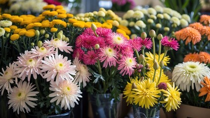 Wall Mural - Colorful Chrysanthemums and Disbuds in Bloom at a Florist Shop Displaying Seasonal Floral Arrangements