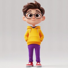 Aufkleber - Charming 3D cartoon boy with glasses in vibrant yellow hoodie and purple pants standing confidently indoors. Generative AI