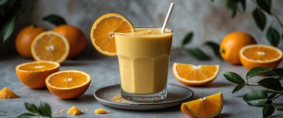 Canvas Print - Refreshing Citrus Orange Smoothie in Glass Surrounded by Fresh Orange Slices with Empty Space for Customizable Text Nearby