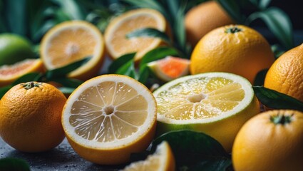 Canvas Print - Citrus Fruits and Juice Composition with Freshly Sliced Lemons and Oranges Against a Dark Background and Empty Space for Text