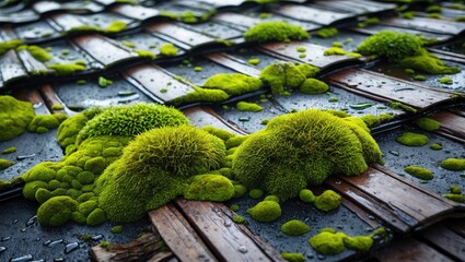 Wall Mural - Vibrant green moss growing on a wet wooden tiled roof showcasing nature's resilience and texture in a close-up view.