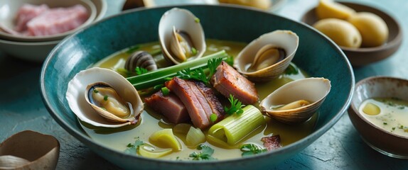 Wall Mural - Delicious leek and potato soup with smoked pork belly and clams served in a bowl, garnished with fresh herbs on a rustic table setting.