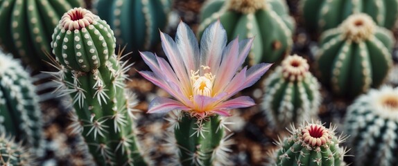 Wall Mural - Blossoming Cactus Flower Surrounded by Green Cacti with Empty Space for Text and Design Elements in a Desert Environment