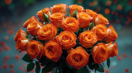 Wall Mural - Vibrant bouquet of fresh orange roses with lush green leaves arranged beautifully for a romantic or celebratory occasion.